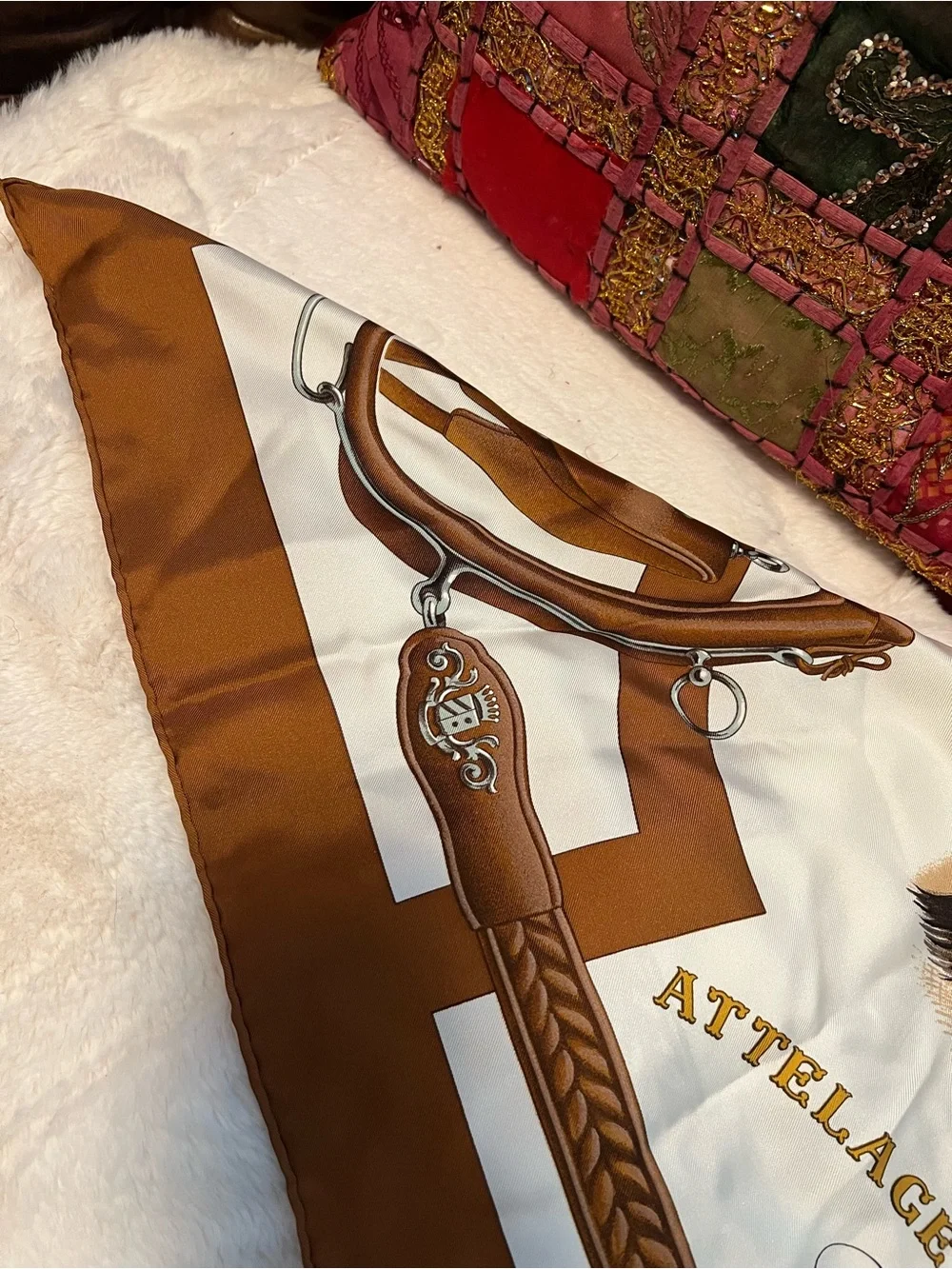 Hermes Brown and Cream Horse-Drawn Carriage Silk Scarf